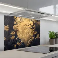 KitchenYeah Spatscherm 90x70 cm - Zelfklevende achterwand Bloemen - Takken - Goud - Sierlijk - Keuken muurbeschermer - Spatwand fornuis