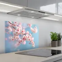 KitchenYeah Spatscherm 70x50 cm - Zelfklevende achterwand Takken - Bloesems - Roze - Keuken muurbeschermer - Spatwand fornuis