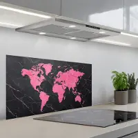 KitchenYeah Spatscherm 90x45 cm - Zelfklevende achterwand Wereldkaart - Roze - Marmer print - Keuken muurbeschermer - Spatwand fornuis