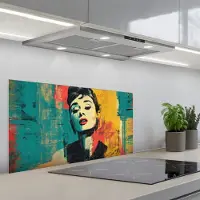 KitchenYeah Spatscherm 80x40 cm - Zelfklevende achterwand Vrouw - Rode lippen - Expressief - Grafisch - Keuken muurbeschermer - Spatwand fornuis