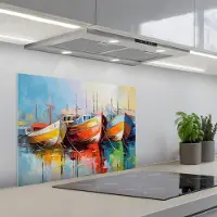 KitchenYeah Spatscherm 70x55 cm - Zelfklevende achterwand Boten - Kunst - Kleuren - Schilderij - Keuken muurbeschermer - Spatwand fornuis