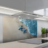 KitchenYeah Spatscherm 120x60 cm - Zelfklevende achterwand Zeesterren - Zand - Zee - Blauw - Keuken muurbeschermer - Spatwand fornuis