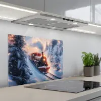 KitchenYeah Spatscherm 70x50 cm - Zelfklevende achterwand Kersttrein - Sneeuw - Winter - Kerst - Keuken muurbeschermer - Spatwand fornuis