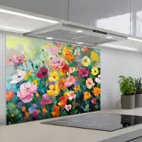KitchenYeah Spatscherm 90x60 cm - Zelfklevende achterwand Bloemen explosie - Heldere kleuren - Vrolijk - Keuken muurbeschermer - Spatwand fornuis