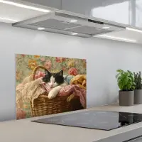 KitchenYeah Spatscherm 60x45 cm - Zelfklevende achterwand Kat - Bloemenprint - Rieten mand - Keuken muurbeschermer - Spatwand fornuis