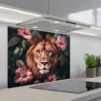 KitchenYeah Spatscherm 80x60 cm - Zelfklevende achterwand Leeuw - Roze bloemen - Bladeren - Botanisch - Keuken muurbeschermer - Spatwand fornuis