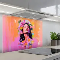 KitchenYeah Spatscherm 80x55 cm - Zelfklevende achterwand Portret - Bloemenkroon - Vrouw - Keuken muurbeschermer - Spatwand fornuis