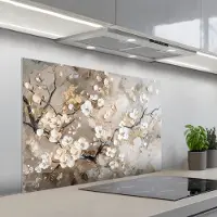 KitchenYeah Spatscherm 100x65 cm - Zelfklevende achterwand Bloemen - Wit - Goud - Beige - Luxe - Keuken muurbeschermer - Spatwand fornuis