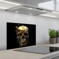 KitchenYeah Spatscherm 60x45 cm - Zelfklevende achterwand Goud - Abstract - Schedel - Kunst - Keuken muurbeschermer - Spatwand fornuis