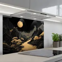 KitchenYeah Spatscherm 80x55 cm - Zelfklevende achterwand Gouden rivier - Bergen - Maan - Sterrenhemel - Keuken muurbeschermer - Spatwand fornuis