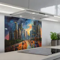 KitchenYeah Spatscherm 90x70 cm - Zelfklevende achterwand Auto - Skyline - Zon - Blauw - Keuken muurbeschermer - Spatwand fornuis