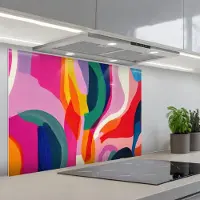 KitchenYeah Spatscherm 80x55 cm - Zelfklevende achterwand Vormen - Golvend - Abstract - Felroze - Keuken muurbeschermer - Spatwand fornuis