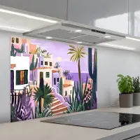 KitchenYeah Spatscherm 80x60 cm - Zelfklevende achterwand Huizen - Minimalistisch - Palmbomen - Kust - Keuken muurbeschermer - Spatwand fornuis