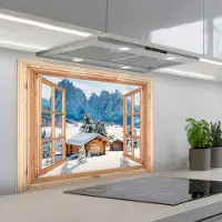 KitchenYeah Spatscherm 90x70 cm - Zelfklevende achterwand Doorkijk - Winterlandschap - Huisje - Bergen - Uitzicht - Keuken muurbeschermer - Spatwand fornuis