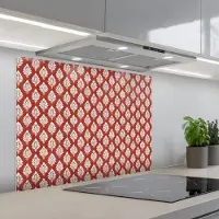 KitchenYeah Spatscherm 90x70 cm - Zelfklevende achterwand Chic - Patroon - Rood - Wit - Keuken muurbeschermer - Spatwand fornuis