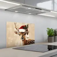 KitchenYeah Spatscherm 60x45 cm - Zelfklevende achterwand Kerst - Hert - Gewei - Rood - Keuken muurbeschermer - Spatwand fornuis