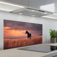 KitchenYeah Spatscherm 100x50 cm - Zelfklevende achterwand Paard - Wolken - Open veld - Keuken muurbeschermer - Spatwand fornuis