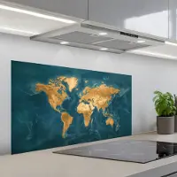 KitchenYeah Spatscherm 100x50 cm - Zelfklevende achterwand Wereldkaart - Goud - Oceaanblauw - Keuken muurbeschermer - Spatwand fornuis