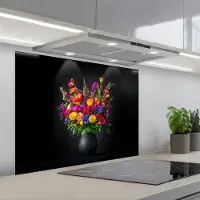 KitchenYeah Spatscherm 90x70 cm - Zelfklevende achterwand Felgekleurd - Bloemen - Vaas - Keuken muurbeschermer - Spatwand fornuis