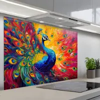 KitchenYeah Spatscherm 120x80 cm - Zelfklevende achterwand Pauw - Kunst - Schilderij - Pauwenveren - Keuken muurbeschermer - Spatwand fornuis