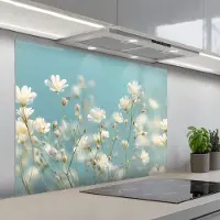 KitchenYeah Spatscherm 100x75 cm - Zelfklevende achterwand Stengels - Bloemen - Lucht - Wit - Keuken muurbeschermer - Spatwand fornuis