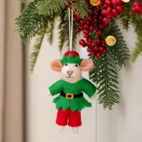 Sjaal met Verhaal Wolvilt Hanger Muis Kerstelf Rood&Groen - Fairtrade Homedeco - 12x10cm