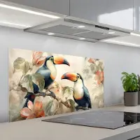 KitchenYeah Spatscherm 100x50 cm - Zelfklevende achterwand Toekan - Vogels - Bloemen - Tak - Keuken muurbeschermer - Spatwand fornuis