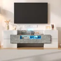 OKWISH TV meubel - TV-Sideboard Met LED-En Opbergruimte - Strak En Modern Woonkamermeubel - 145 x 30 x 51 cm - Spaanplaat + MDF + Glas - Wit
