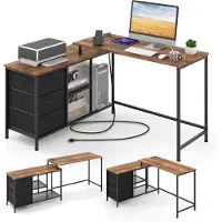 Costway L-vormig bureau met stopcontact, omkeerbaar hoekbureau met 3 stoffen laden en roosterplanken, 205 cm lange computertafel, hoektafel voor thuiskantoor (rustiek bruin)