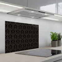 KitchenYeah Spatscherm 70x55 cm - Zelfklevende achterwand Zeshoek - Zwart - Goud - Bloem - Keuken muurbeschermer - Spatwand fornuis