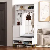 OKWISH Halkasten - Halmeubel Kapstok Met Schoenenbank, 4 Kleerhaken En Schubladen - 100x35x180 cm - MDF - Wit