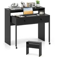 Costway Bureau uittrekbaar, kleine computertafel met 2 laden en wieltjes, bureau met metalen frame, werktafel, pc-tafel voor thuis, kantoor, 100 x 63 x 88 cm (zwart)