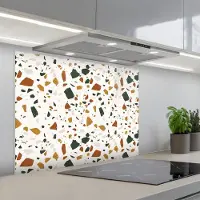KitchenYeah Spatscherm 90x70 cm - Zelfklevende achterwand Terrazzo - Patroon - Wit - Terra - Keuken muurbeschermer - Spatwand fornuis