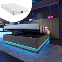 OKWISH Gestoffeerd Bed 160x200 cm - Opbergbed Met LED En USB C-Type Oplaadfunctie - Tweepersoonsbed Met Lattenbodem En Premium Matras - Metaal - Grijs
