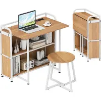 Costway Inklapbaar bureau met stopcontact, klaptafel met kruk, computertafel met planken en metalen frame, ruimtebesparend bureautafel, klapbureau voor thuis, kantoor, 90 x 55 x 83 cm (natuur)