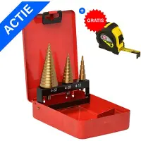 Hercules 3-delige Trapeziumboorset - Trappenboor - 4-12mm / 4-20mm / 4-32mm - Tin Coated HSS - Geschikt voor Diverse Materialen - Metalen Doos - Incl. Gratis Rolmaat