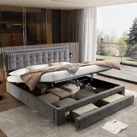 SINGULARITY -Bed met opbergruimte en lades- fluwelen stof- gestoffeerd bed- lattenbodem- tweepersoonsbed- veel opbergruimte- 160 x 200- grijs- zonder matras