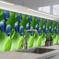 KitchenYeah Keuken achterwand 450x60 cm - Spatscherm zelfklevend Bosbessen - Paars - Bladeren - Groen - Muurbeschermer - Spatwand fornuis