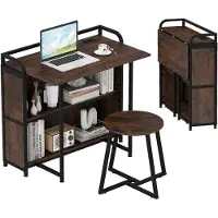 Costway Inklapbaar bureau met stopcontact, klaptafel met kruk, computertafel met planken en metalen frame, ruimtebesparend bureautafel, klapbureau voor thuis, kantoor, 90 x 55 x 83 cm (bruin)