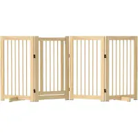 PawHut Absperrgitter Hund 4-teilig, 220 x 91 cm Faltbar Türschutzgitter mit Tür, Freistehend Hundegitter mit 2 Stützfüßen, Treppengitter aus Holz für Flur, Küche, Treppe, Naturholz