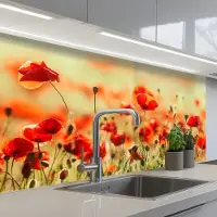 KitchenYeah Keuken achterwand 100x60 cm - Spatscherm zelfklevend Klaprozen - Bloemen - Rood - Bloemenveld - Muurbeschermer - Spatwand fornuis