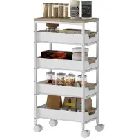 Merax 5-laags Keukenwagen – Smalle Rollende Opbergwagen met 4 Laden – Houten Look Bovenblad – Metalen Frame – Wit – 39.5×24×82 cm