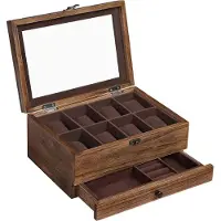 Songmics Horlogedoos met glazen deksel van massief hout, Walnoot kleuren