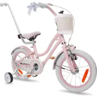 Sun baby Hart fiets, kinderfiets voor meisjes, 14 inch, geschikt vanaf 3 jaar, met stabilisatorwielen, afneembare duwstang, mandje, bel, achterrem en V-rem