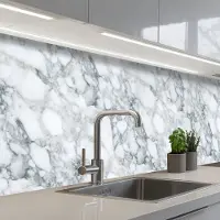 KitchenYeah Keuken achterwand 200x60 cm - Spatscherm zelfklevend Mozaïek - Marmer print - Wit - Onregelmatig - Muurbeschermer - Spatwand fornuis
