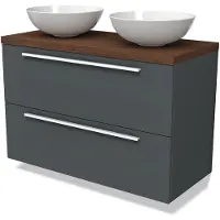 Maxaro Modulo Plato Badkamermeubel voor waskom | 100 cm Donkergrijs Vlak front Walnoot blad 2 lades onder elkaar