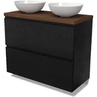 Maxaro Modulo Plato Badkamermeubel voor waskom | 100 cm Zwart eiken Greeploos front Walnoot blad 2 hoge lades onder elkaar