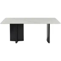 Vente-unique Eettafel voor 8 personen van keramiek en mdf - Wit marmereffect en zwart - SINAN
