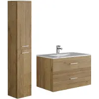 Vente-unique Hangend badkamermeubel met enkele wastafel en licht naturelkleurige opbergzuil - 80 cm - KAYLA