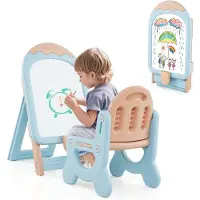 Costway Kinderezel met stoel, in hoogte verstelbaar en inklapbaar met whiteboard en opbergdoos, bord voor kinderen met marker en magneet, cadeau speelbord voor meisjes en jongens (blauw)